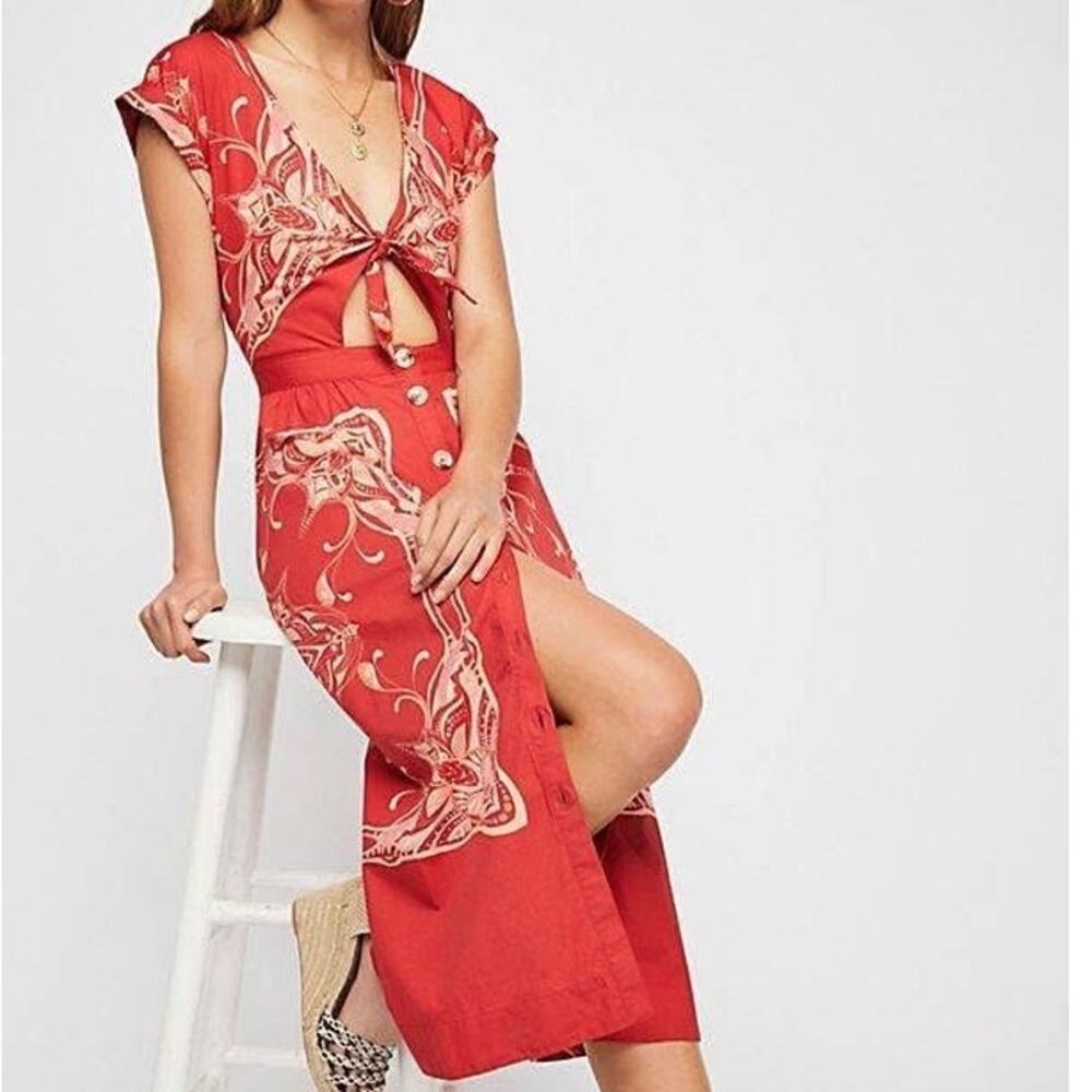 Free People Linvilla Red Bandana Button Knot Tie Front Midi Cap Sleeve Dress
